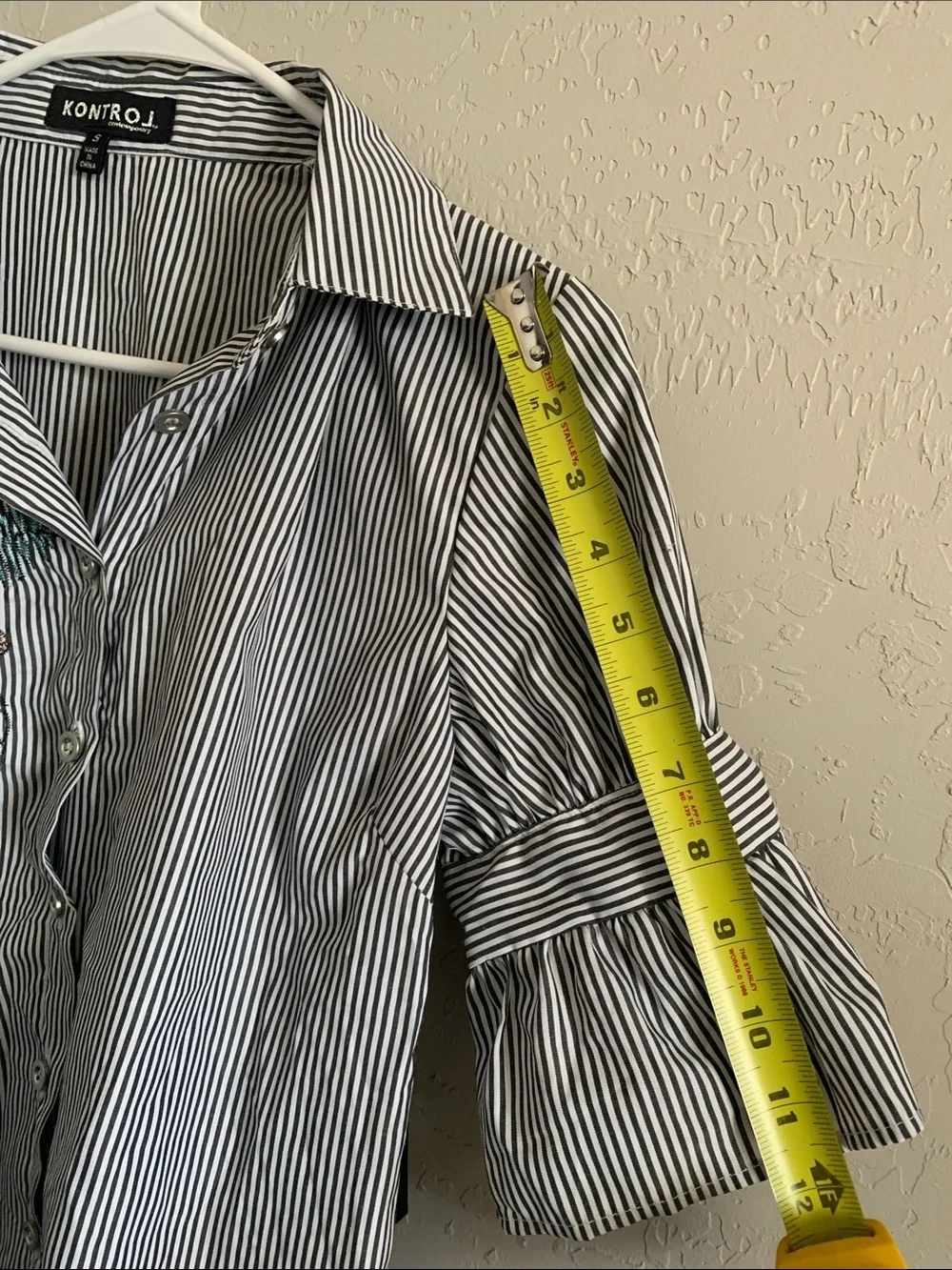 Kontrol Grey & White Striped Button Down Shirt with Floral Embroidery - Picture 9 of 11